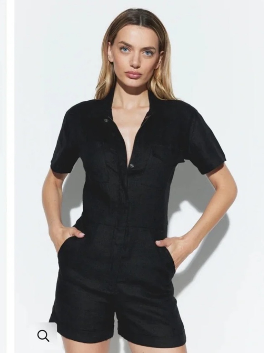 RIVET UTILITY DREAMER LINEN Black Short-Sleeve Romper with Pockets ❤️❤️